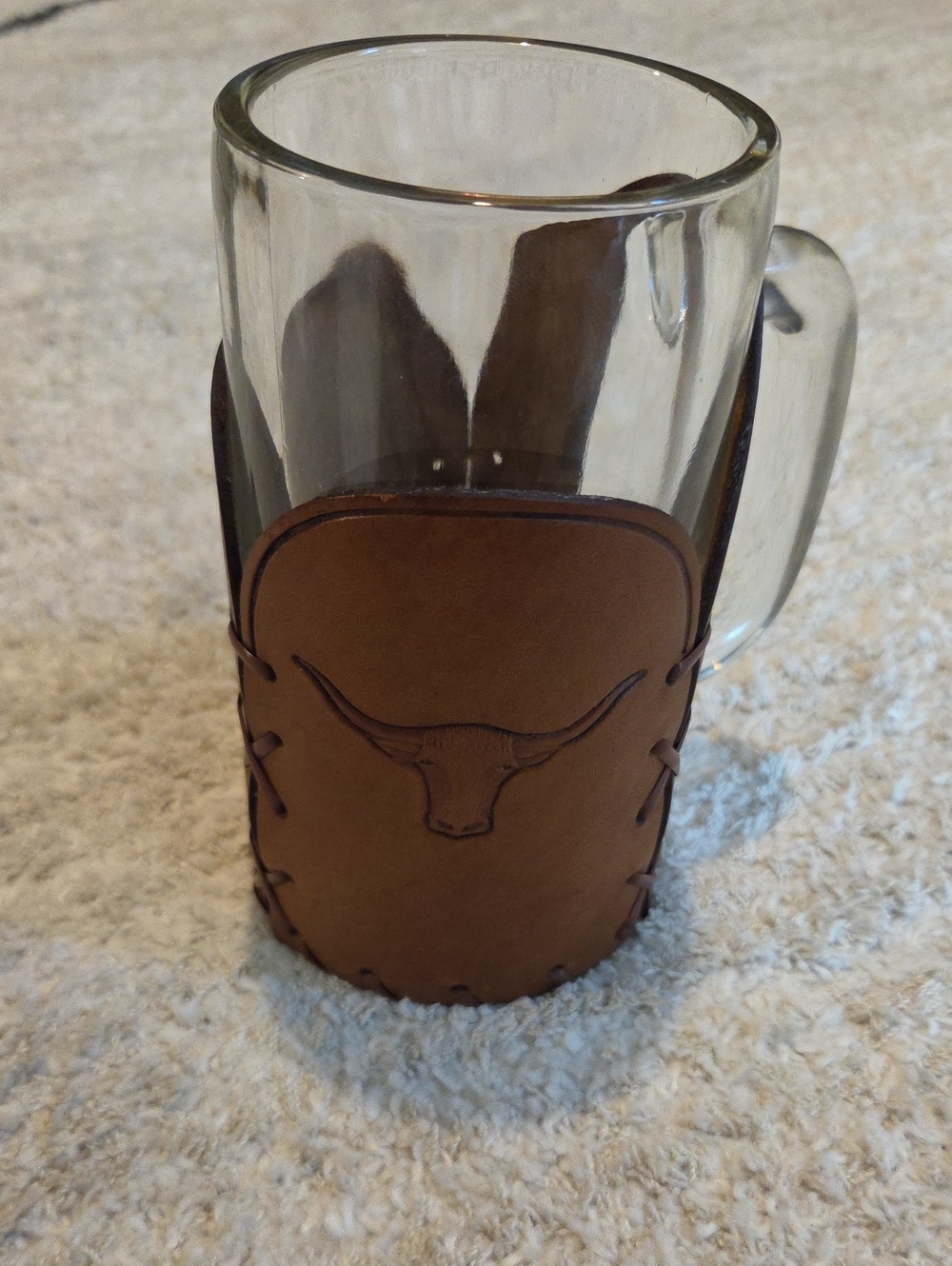 Vintage Brown Leather Mug Sleeve with Embossed Longhorn - Rustic Glassware